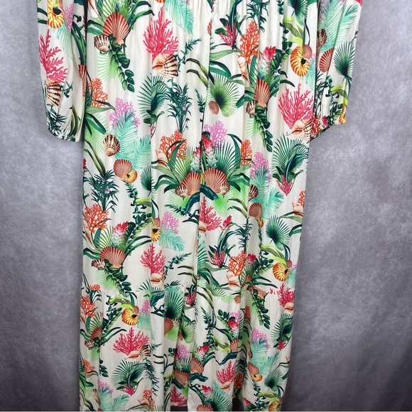 Boston Proper Sea Life Tropical V-Neck Empire Waist Long Sleeve Maxi Dress Sz 14 - Picture 10 of 11